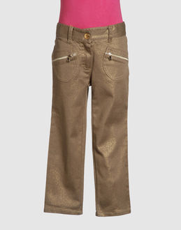 Gabardine Lam� fabric Belt loops Snap-button, zip fly closure Four pockets Straight leg cut Rear log...