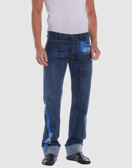 Denim cotton - Delave - Belt loops - Button closing - Five pockets - Straight leg cut - Cuffed hems - Logo details - Half-belt - Detailed print -
