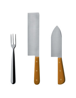 Messerset für Hartkäse bestehend aus: Messer für Hartkäse und Messer für halbharten Käse aus glänzend poliertem Edelstahl mit Griff aus Buchsbaumholz, Serviergabel für Hartkäse aus glänzend poliertem Edelstahl....